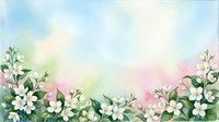 Watercolor floral border with white flowers and green leaves on soft pastel background for spring greeting cards and wedding invitations.