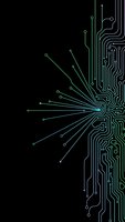 Digital circuit board pattern with glowing connections and electronic pathways on black background for technology design projects.