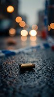 Empty bullet shell casing on wet asphalt street with blurred city lights bokeh background creating dramatic urban crime scene atmosphere.