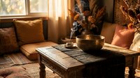 Cozy autumn living room interior with steaming bowl on wooden coffee table, warm sunlight streaming through window, fall home decor and comfortable seating.
