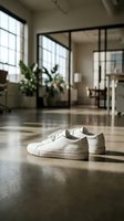 White leather sneakers on polished concrete floor in bright modern loft interior with large windows and green plants in background.
