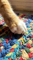 Ginger and white cat paw on colorful patterned rug, close-up detail shot for pet and home decor content.
