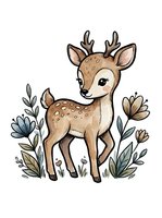 Cute young deer with antlers surrounded by wildflowers and botanical elements, isolated on white background for children's designs, nursery decor, and apparel.