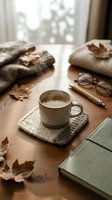 Cozy autumn workspace with steaming coffee mug on knitted coaster, scattered fall leaves, reading glasses, sweater, and open book on wooden desk by window.