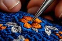 Macro shot of embroidery process showing orange flower pattern being stitched on blue fabric with silver needle and white thread details in traditional folk style.