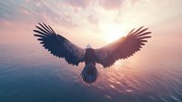 Majestic eagle silhouette soaring over ocean at sunset with spread wings against dramatic pink and purple sky, mystical atmospheric scene for spiritual concepts.