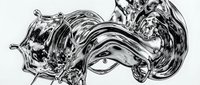 Abstract liquid metal splash with dynamic flowing forms and reflective chrome surface creating sculptural waves and droplets against white background.