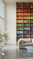 Modern home library with rainbow color-coded bookshelf wall and comfortable reading area with natural light from large windows for interior design.