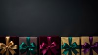 Luxury gift boxes with colorful satin bows arranged in a row against dark background, suitable for holiday, celebration, and festive design projects.