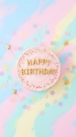Pink birthday cake with gold Happy Birthday candles, sprinkles, and pastel confetti on a colorful swirl background for party celebration.