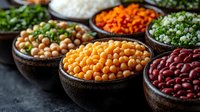 Colorful variety of legumes and beans in rustic wooden bowls on dark background, including chickpeas, red kidney beans, and green peas, arranged in row.