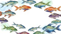 Colorful marine fish species arranged in circular frame on white background. Tropical aquatic life collection for educational materials and seafood industry.