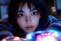 Young Asian woman with bright eyes in moody neon lighting close up portrait. Dramatic night atmosphere with colorful bokeh lights creating dreamy aesthetic.