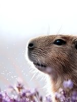 Close-up macro shot of capybara nose and eye with soft purple flowers in foreground against blurred pastel background, creating dreamy nature atmosphere.