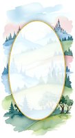 Watercolor fairy tale frame with castle and forest landscape, oval gold border for invitations, cards, children's books and fantasy design projects.