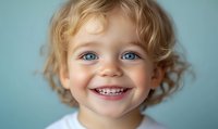Caucasian toddler with curly blonde hair and bright blue eyes smiling against light blue background, showcasing joyful childhood expression.