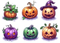 Watercolor Halloween pumpkin collection with glowing jack o lantern faces in orange, purple and green colors, decorated with leaves and witch hats, on white background.