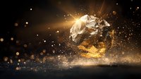 Dramatic glowing crystal rock floating with magical light rays and golden particles against dark background, mystical mineral formation with sparkles.