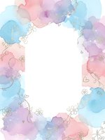 Watercolor floral frame with pastel pink blue purple washes and delicate line art flowers hearts isolated on white background for wedding invitations greeting cards.