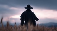 Silhouette of cowboy in hat standing in golden wheat field at dramatic sunset with moody sky and mountains in background for western themed designs.