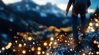 Silhouette of hiker standing on mountain peak at dusk with glowing bokeh lights and snowy peaks in background creating magical atmospheric scene.