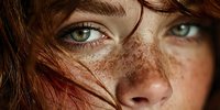 Close-up portrait of young Caucasian woman with freckles and green eyes, natural beauty concept for skincare and cosmetics advertising campaigns.