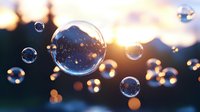 Transparent soap bubbles floating in sunset light with bokeh effect and lens flares, creating magical atmosphere against blurred natural background.