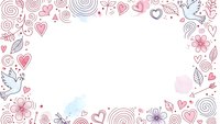 Hand-drawn romantic frame with hearts, flowers, rainbows and swirls in pink and purple tones on white background for Valentine's Day cards and wedding designs.