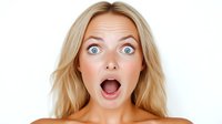 Young blonde woman with surprised expression and wide open mouth against white background, showing shock and astonishment. Isolated portrait for advertising and design.
