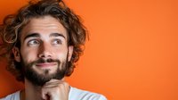 Young Caucasian man with curly hair and beard looking up thoughtfully with slight smile against vibrant orange background, expressing positive contemplation and creativity.