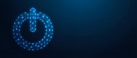 Glowing blue polygonal power button symbol made of connected dots and lines on dark navy background, representing technology and energy.