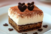 Chocolate and vanilla layered dessert slice with heart-shaped chocolate decorations on white plate, creamy mousse texture and cocoa powder dusting on top.