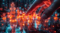 Glowing digital chess pieces with human hand making strategic move on futuristic board with red and blue technology elements.