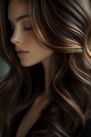 Young Asian woman with flowing brown hair featuring caramel balayage highlights in profile view, eyes closed, displaying professional hair coloring and styling technique.