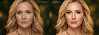 Woman with shoulder-length wavy blonde hair and fair complexion receiving professional makeup enhancement, showing before and after beauty transformation results.