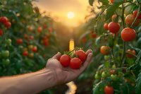 Fresh ripe tomatoes in farmer's hand at sunset, organic vegetable harvest in greenhouse. Natural produce photography perfect for agriculture and healthy food concepts.