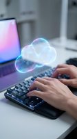 Hands typing on keyboard with holographic cloud computing icon floating above, representing digital transformation and remote data storage technology.