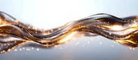 Luminous golden waves flow with sparkling particles against soft gray background, creating dynamic motion effect for luxury designs and abstract backgrounds.