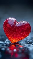 Red crystal heart on wet dark surface with water drops and bokeh reflections, dramatic lighting creates romantic mood for Valentine's Day or love concept.