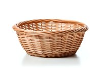 Empty woven wicker basket with round shape isolated on white background, traditional handcrafted storage container for bread, fruits or decorative use.