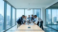 Diverse business team collaborating around conference table in modern office with city skyline view through floor-to-ceiling windows during strategic meeting.