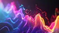 Vibrant neon waves with glowing particles create dynamic abstract background in blue, pink, and orange colors against dark backdrop, modern digital art style.