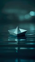 Paper boat floating on calm water surface with soft bokeh lights in turquoise tones creating dreamy atmospheric mood. Suitable for meditation and mindfulness concepts.
