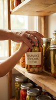 Senior woman reaching for preserved vegetables in glass jar on wooden pantry shelf with natural window light, suitable for home cooking, food preservation, and lifestyle content.