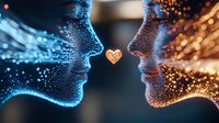 Glowing particle profiles of faces in blue and orange tones sharing heart connection, romantic concept art showing digital love and human connection in modern style.