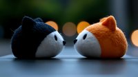 Cute plush toys of black and orange cats facing each other on blurred bokeh background, soft focus close-up view creates romantic mood for greeting cards and decor.