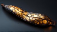 Glowing golden spots illuminate dark organic pod shape against black background, creating mysterious luminescent natural art piece with warm amber light effect.
