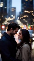 Romantic couple sharing intimate moment in rainy city night with blurred bokeh lights and urban backdrop. Young adults in winter coats express genuine joy and connection.