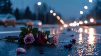 Roses lying on wet asphalt at dusk with blurred city lights and rain reflections creating romantic mood. Fallen petals add to melancholic atmosphere.