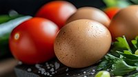 Fresh brown eggs and ripe red tomatoes with green herbs on dark surface for healthy cooking and farm-to-table cuisine preparation.